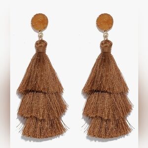 Caramel Brown Layered Tassel Handmade Tiered Thread Druzy Drop Dangle Boh